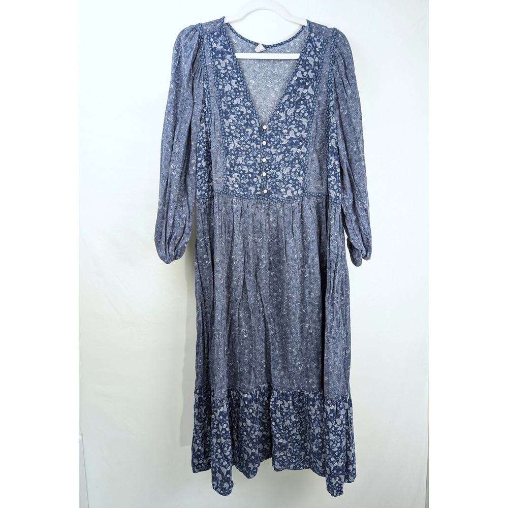 Ditsy Floral Ruffle Peasant Dress Size XL Blue Tiered Boho Prairie Cottagecore - Picture 2 of 9